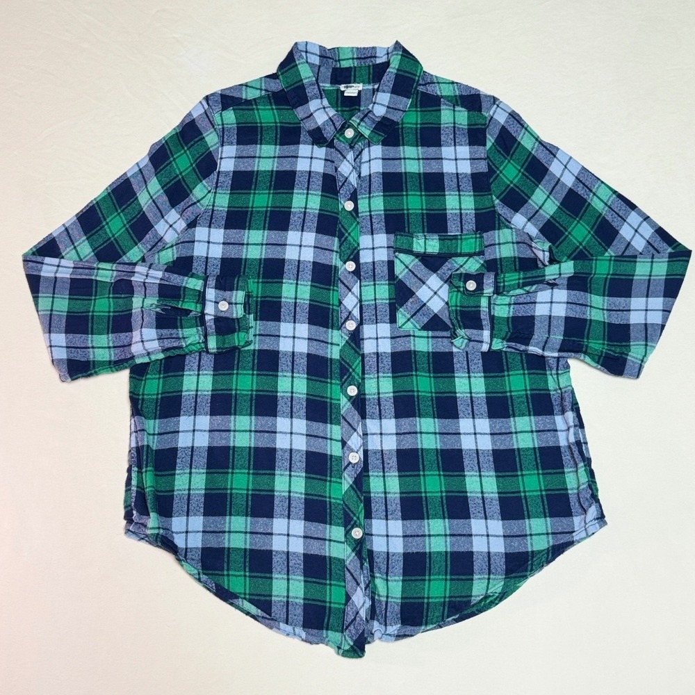 Aerie Green & Navy Plaid Flannel Button-Up Shirt Soft Grunge Cottagecore